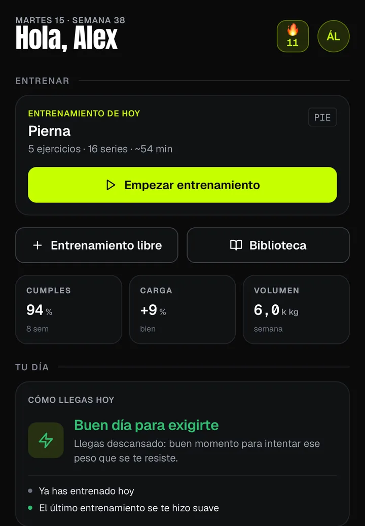 Pantalla Hoy de GO360 con el entrenamiento de pierna del día, el resumen de la semana y cómo llegas hoy